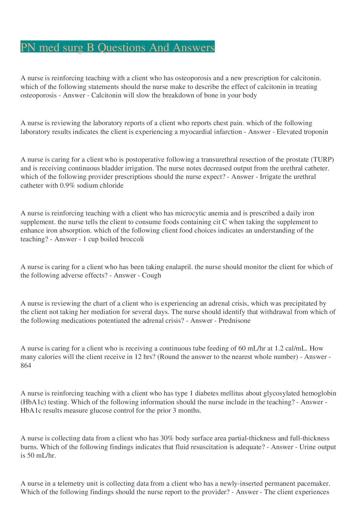 Preview image for PN med surg B Questions And Answers